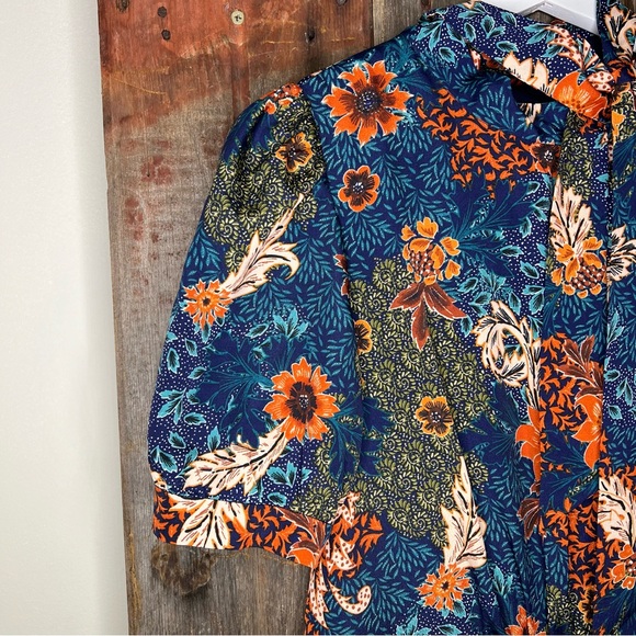 Julia Jordan Navy Fall Floral Puff Sleeve Midi Dress Tie Neck size 2 - Picture 5 of 14